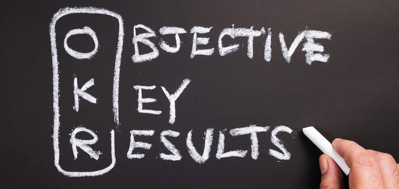 OKR on Chalkboard Hand writing text and acronym of OKR (Objective Key Results) on chalkboard