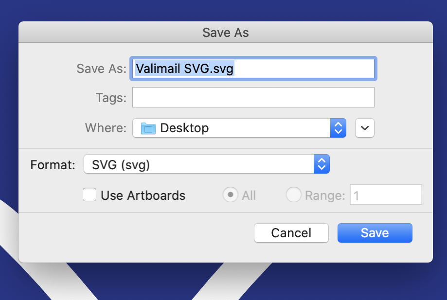 dialog box showing how to save a file as SVG format