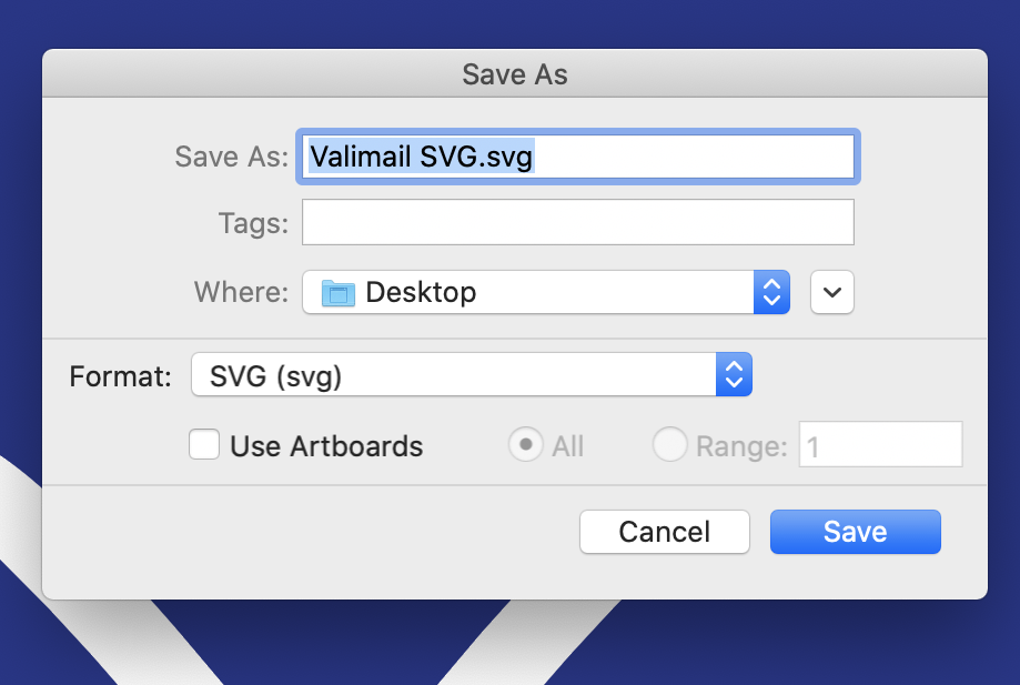 Valimail-Logo-Save-Step-1_Image-1 dialog box showing how to save a file as SVG format