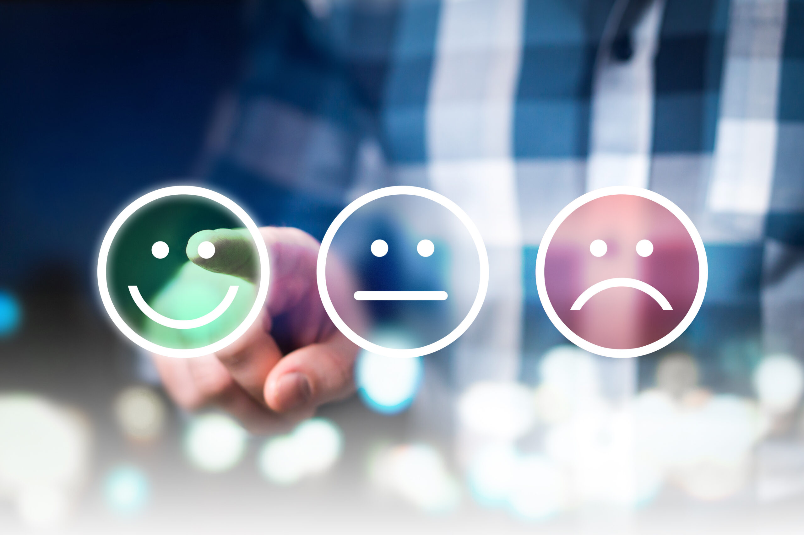 Business man giving rating and review with happy, neutral or sad face icons. Customer satisfaction and service quality survey. empathy in technology: how do you feel?