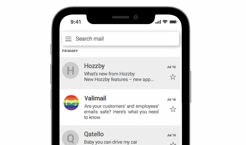 Mobile phone email client showing inbox logo with rainbow colors