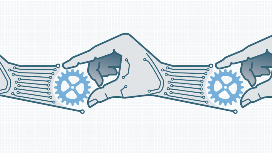 Self-Replication Robot hands adjusting gears of other robot hands