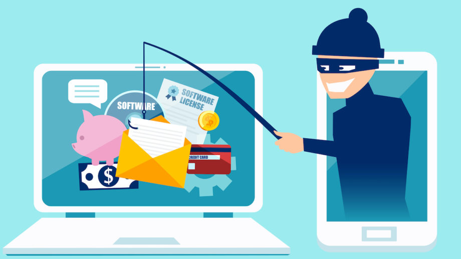 Vector concept of phishing scam, hacker attack and web security cartoon of a thief fishing secrets out of an envelope on a laptop screen