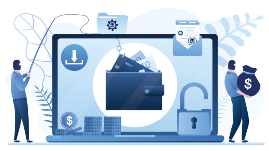 Online scam, malware and password phishing. Laptop with e-wallet and group of hackers in mask attack computer Data phishing concept background. Online scam, malware and password phishing. Laptop with e-wallet and group of hackers in mask attack computer. Internet Financial Security Problem. Vector illustration