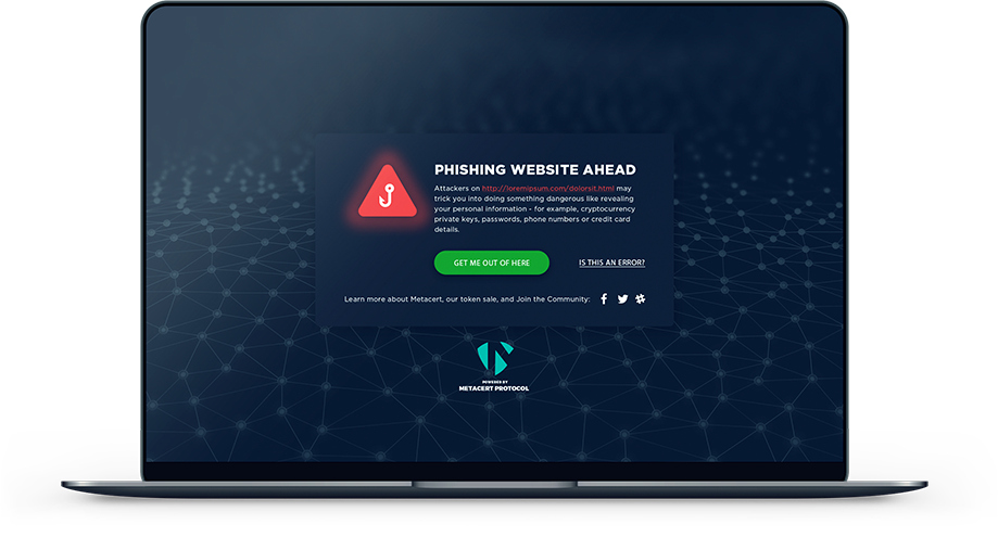 Phishing site warning from MetaCert’s Cryptonite extension for Chrome