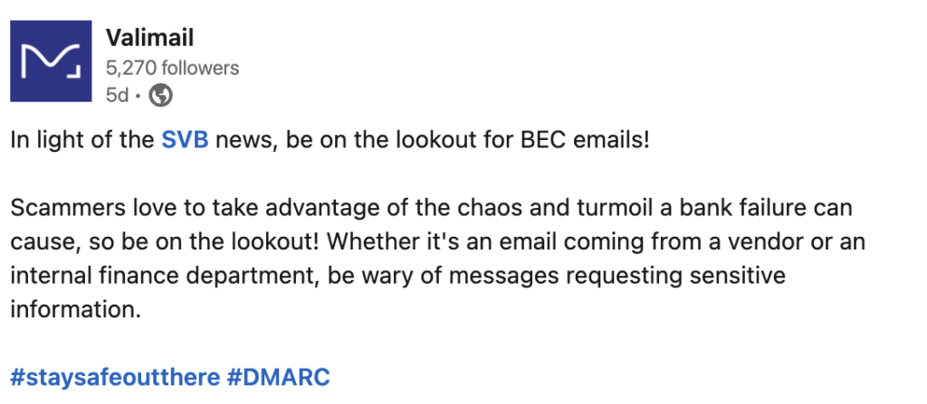 Valimail's LinkedIn post warning for BEC emails