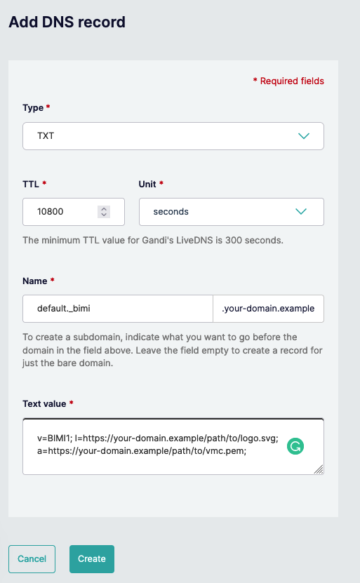adding a txt record for bimi using gandi.net's web interface
