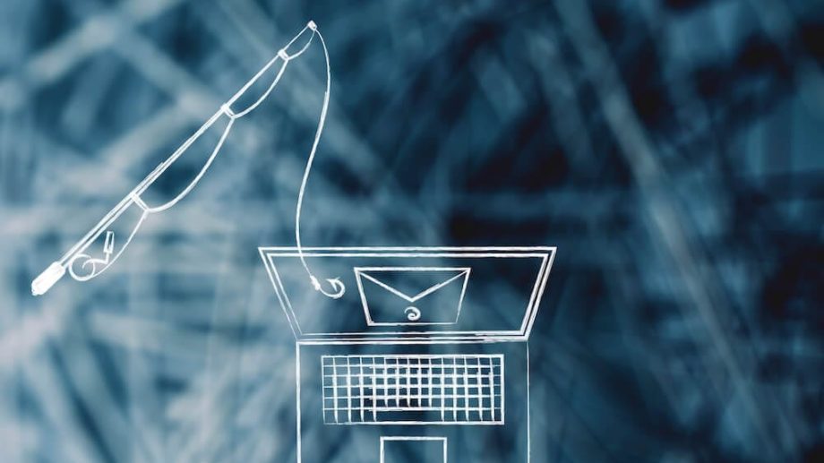 Vector illustration of computer and a fishing pole. Phishing attack on email.