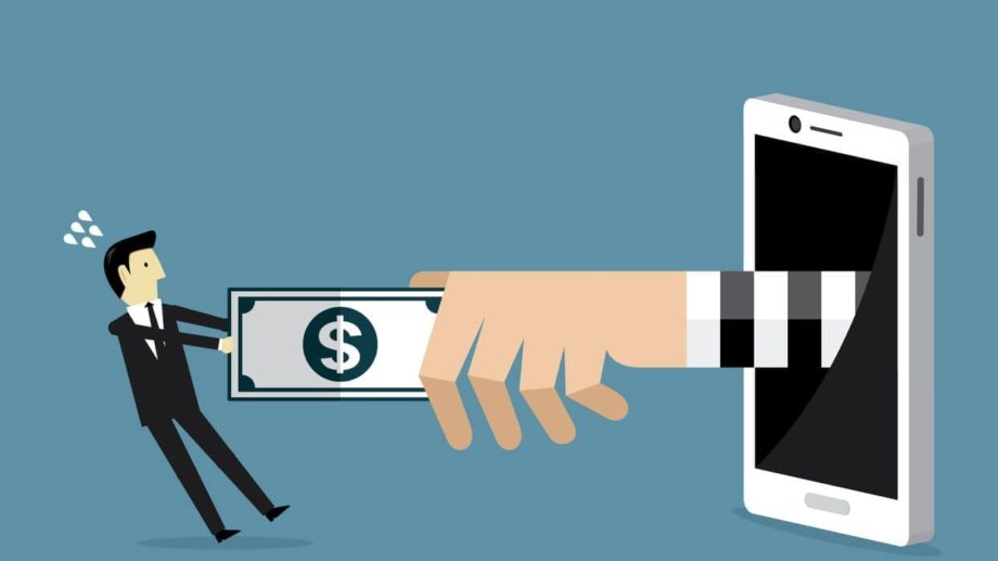 Vector illustration of a robber's arm coming out of a phone trying to steal money.